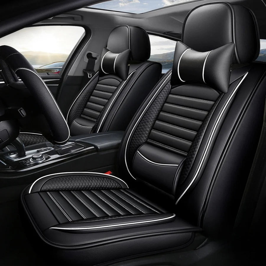 Deluxe 5-Seater PU Leather Auto Seat Covers with Built-in Lumbar Support - 2 Headrests & Steering Wheel Cover