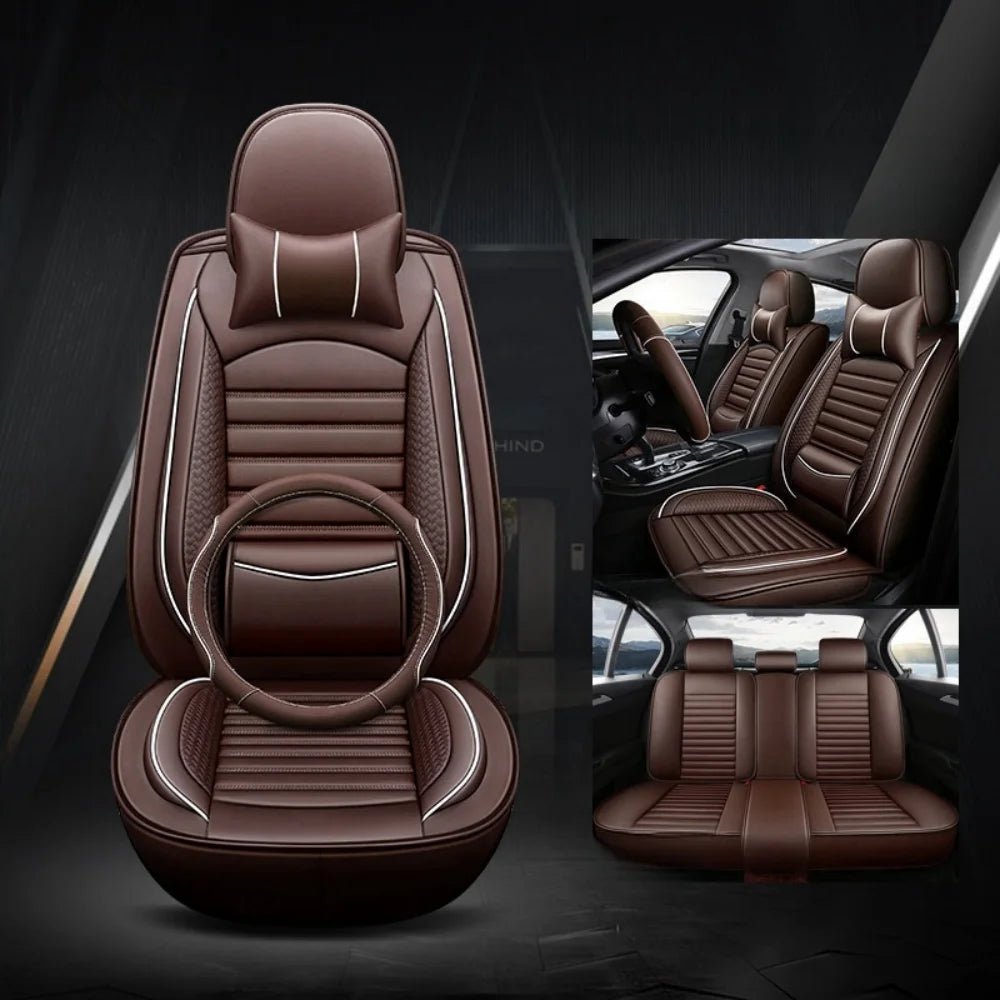 Deluxe 5-Seater PU Leather Auto Seat Covers with Built-in Lumbar Support - 2 Headrests & Steering Wheel Cover