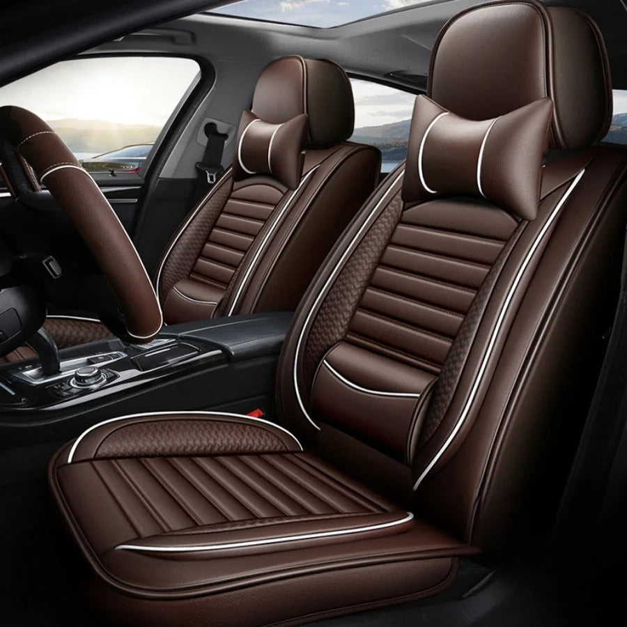 Deluxe 5-Seater PU Leather Auto Seat Covers with Built-in Lumbar Support - 2 Headrests & Steering Wheel Cover