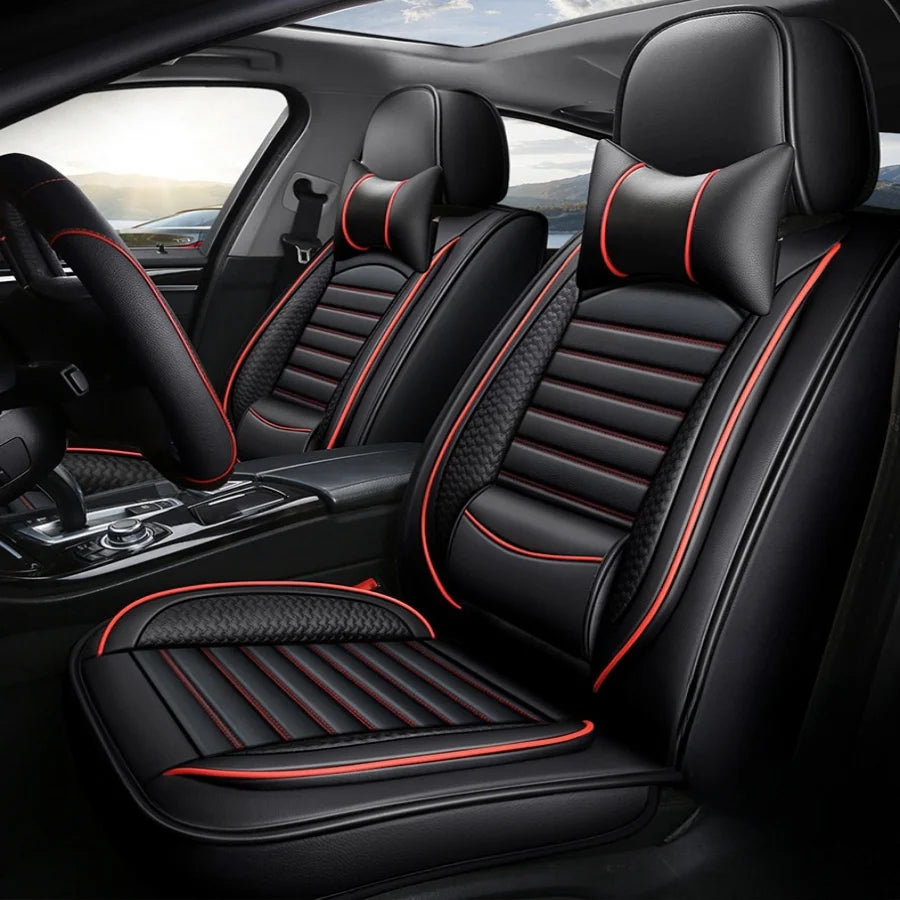 Deluxe 5-Seater PU Leather Auto Seat Covers with Built-in Lumbar Support - 2 Headrests & Steering Wheel Cover