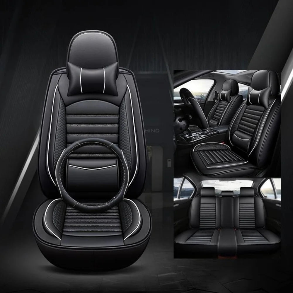 Deluxe 5-Seater PU Leather Auto Seat Covers with Built-in Lumbar Support - 2 Headrests & Steering Wheel Cover