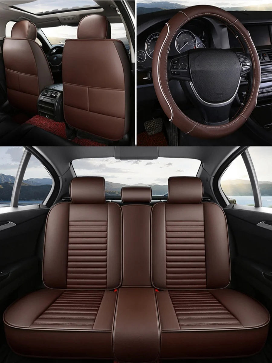 Deluxe 5-Seater PU Leather Auto Seat Covers with Built-in Lumbar Support - 2 Headrests & Steering Wheel Cover