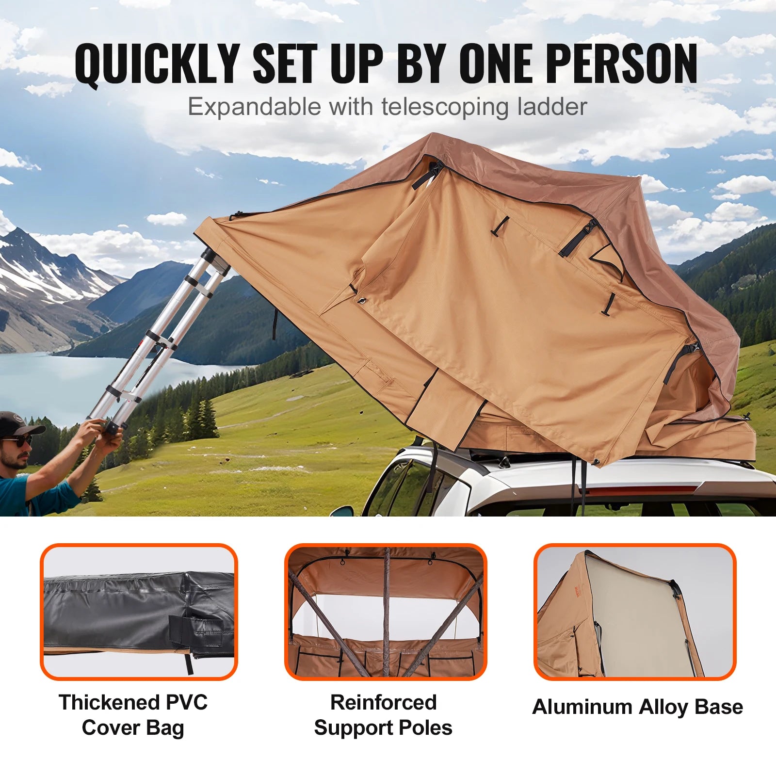 SucceBuy Rooftop Tent Hardshell Folding Tent with Telescopic Ladder Mattress PVC Cover Bag Waterproof Jeep