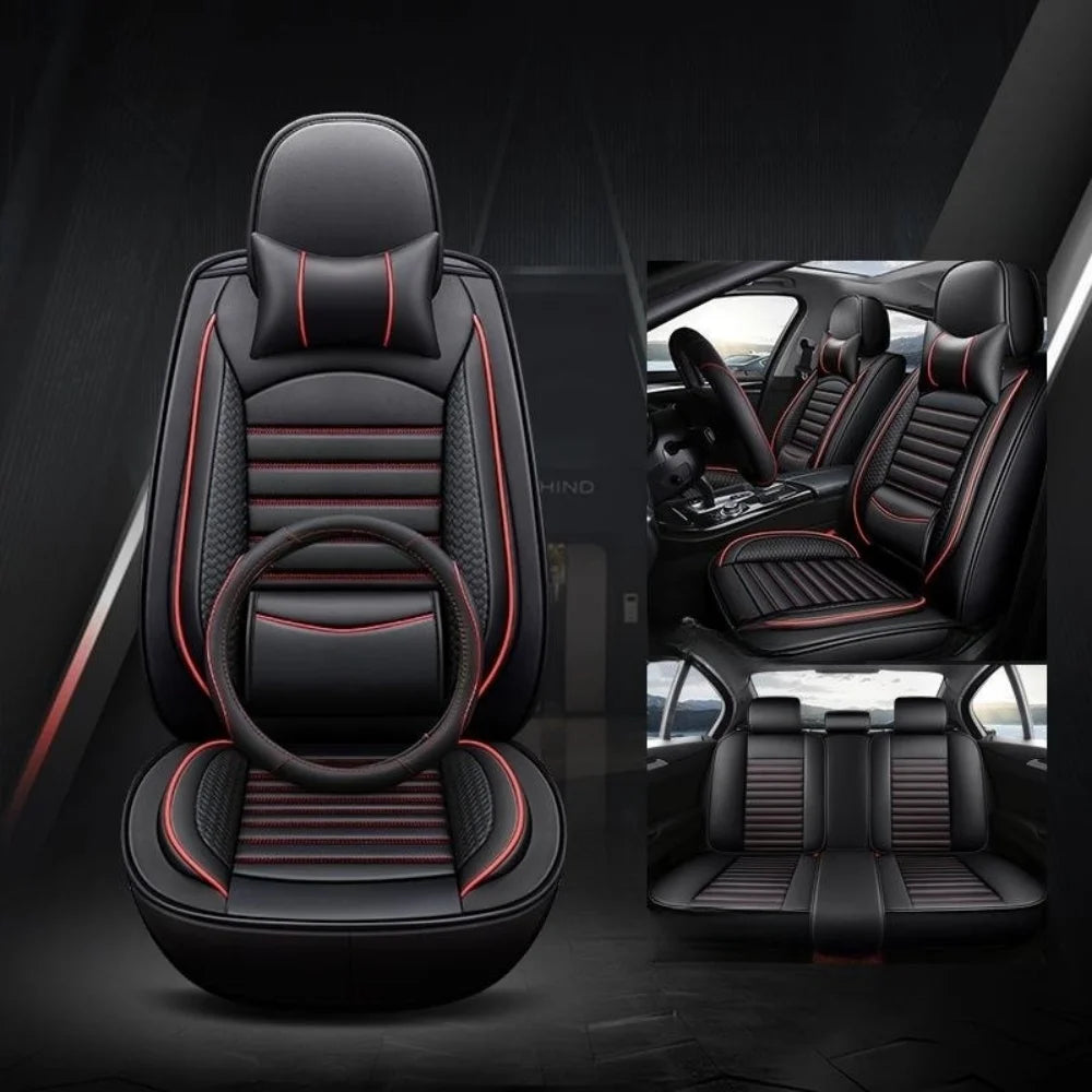 Deluxe 5-Seater PU Leather Auto Seat Covers with Built-in Lumbar Support - 2 Headrests & Steering Wheel Cover